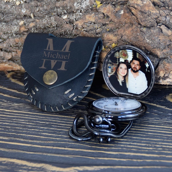 Reloj de bolsillo negro personalizado personalizado con foto y estuche, idea de regalo grabada para el día de San Valentín, regalo para él, regalo de boda de aniversario