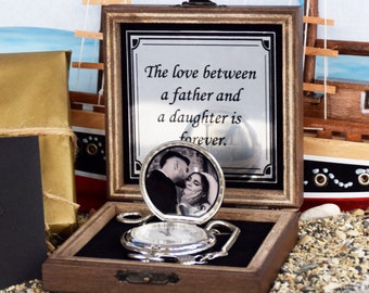 Personalized Silver Pocket Watch with Photo and Wooden Gift Box, Valentine's Day, Gift for Him, Anniversary Gift, Groomsmen Gift