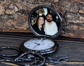 Personalized Black Color Pocket Watch with Photo and Gift Box, Gift for Him, Valentine's Day, Anniversary Gift, Groomsmen Gift