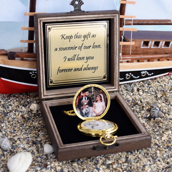 Personalized Gold Color Pocket Watch with Photo and Gift Box, Engraved Valentine's Day Gift, Gift for Him, Anniversary Gift, Groomsmen Gift