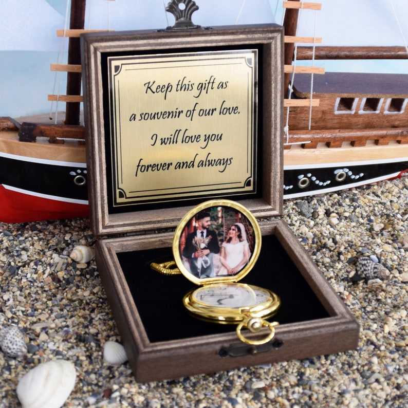 Personalized Gold Color Pocket Watch with Photo and Gift Box, Engraved Valentine's Day Gift, Gift for Him, Anniversary Gift, Groomsmen Gift image 1