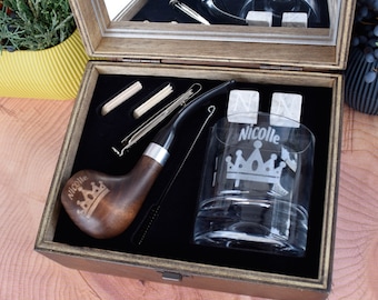 Custom Christmas gift Whiskey Glass and Pipe Set for Dad, Engraved Groomsmen Gift from Groom, Personalized Gift for Him, Grandpa Gift