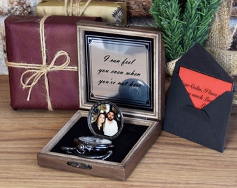 Personalized Black Pocket Watch with Photo and Gift Box, Engraved Valentine's Day, Gift for Him, Anniversary Gift, Groomsmen Gift