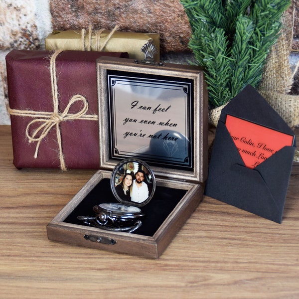 Personalized Black Pocket Watch with Photo and Gift Box, Engraved Valentine's Day, Gift for Him, Anniversary Gift, Groomsmen Gift