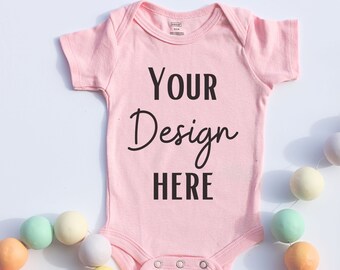 Easter Pink Onesie Mockup Flat Lay | Infant Flower Spring | Rustic Farmhouse | Simple Bodysuit | Gender Neutral | Cute Pastel| PNG, JPG, SVG