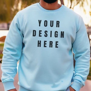 Gildan 18000 Light BLUE Mens Crewneck Mockup | Male Model Mockup | Oversized Sweatshirt Mockup for Men | Men&#39;s Hoodie Mockup