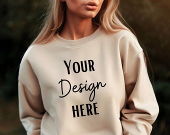 Gildan Sand 18000 Mockup, Gildan Sand Sweater Mock up, Oversized Sweatshirt Model Mockup, Front Gildan Sand G180 Mockup, Cozy Boho Chic