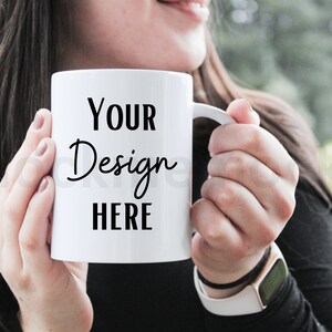 White Mug Mockup, Woman Holding Mug Close-Up, Blank Mug for Sublimation Mock-Up, Cute Ceramic Coffee Mug, Photoshop Smart Object Stock Photo