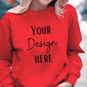 Red Christmas Sweater Mockup, Gildan 18000 Mockup, Gildan Red Sweatshirt, Mockup Stock Photography, PNG Mockup, JPG Digital Download