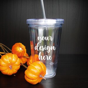 Clear Acrylic Insulated Tumbler 16 oz Cup Mockup Stock Photography on White Tabletop, Graphic Design Mock Up Photo, JPG Digital Download
