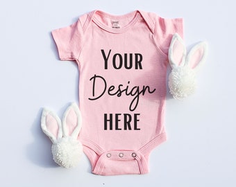 Easter Pink Onesie Mockup Flat Lay | Infant Flower Spring | Rustic Farmhouse | Simple Bodysuit | Gender Neutral | Cute Pastel| PNG, JPG, SVG