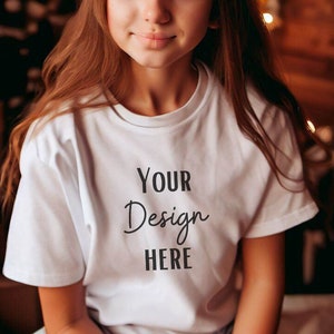 Kids White Tshirt Mockup, White Christmas Shirt Mock-up, Unbranded Child Model, Holiday Stock Photo, Child Tee JPG, PNG, Download