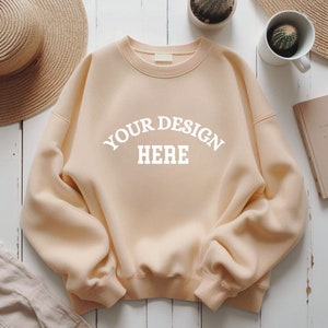 Sweatshirt Mockup, Gildan 18000 Mockup, Gildan Sand Crewneck Mockup, Gildan Sweatshirt Mockup, Gildan 18000 Sand folded Sweatshirt Mock-up