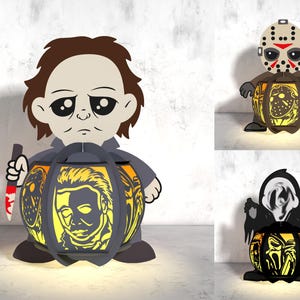 Linterna SVG de personajes de películas de Halloween, linterna SVG de Halloween, linterna SVG de personajes de terror, archivo de corte SVG de Halloween, archivo de caja de luz SVG