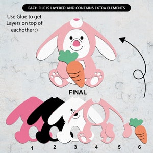 May include: A layered craft project for making a pink bunny rabbit holding a carrot. The image shows six pieces: a pink bunny body, a black bunny face, a white bunny face, a pink bunny tail, a pink bunny foot, and a green and orange carrot.