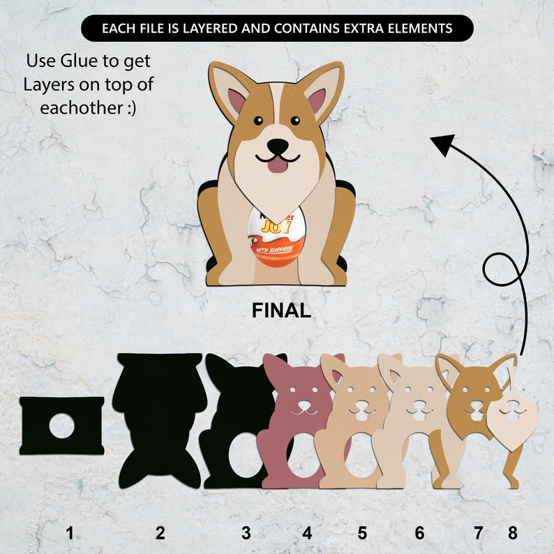 May include: A layered craft project featuring a cartoon corgi dog. The project includes eight layers, each with a different color and detail. The final product is a 3D corgi dog with a red egg inside.
