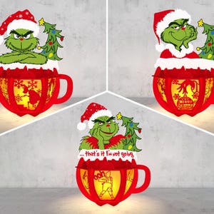 Fichier Svg de lanterne de Noël cacao chaud, personnages de Noël lanterne Svg, Grinchmas découpé dans du papier, Svg de boîte à lumière de Noël, décoration de Noël