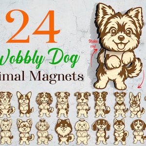 以下が含まれることがあります： 24個の「Wobbly Dog」アニマルマグネットの画像。オレンジ色の数字24、緑色のテキスト、さまざまな犬種のイラストが特徴です。「Shake me!」の矢印が付いた木製の犬も表示されています。マグネットはさまざまな犬種とポーズです。