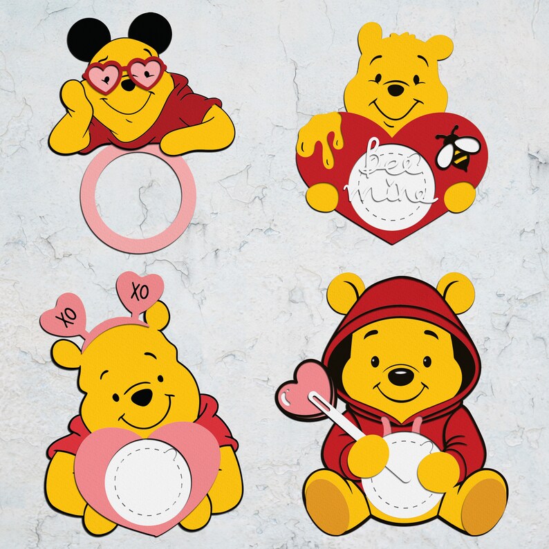 Puede incluir: Cuatro tarjetas imprimibles de San Valent&iacute;n con Winnie de Pooh. Cada tarjeta tiene un dise&ntilde;o diferente con un marco en forma de coraz&oacute;n y un espacio para un mensaje. Las tarjetas son de color rojo, amarillo y rosa.