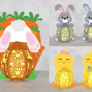 May include: Four Easter-themed light-up decorations. Two are bunnies holding eggs with the text "Happy Easter" on them. One is a chick holding an egg with a bunny inside. The last is a basket with a bunny inside holding an egg with the text "Happy Easter" on it.