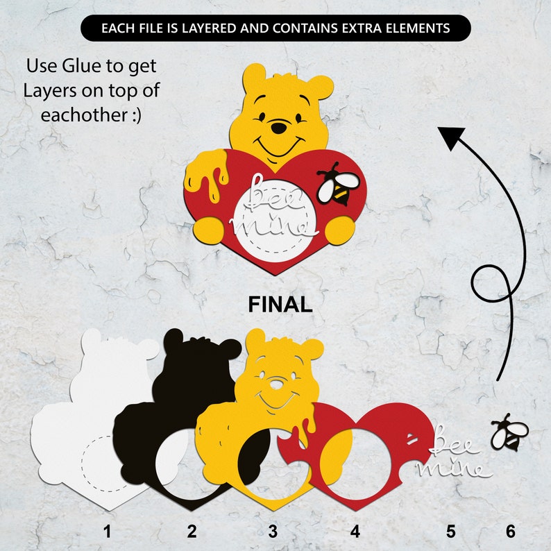 Puede incluir: Un proyecto de manualidades en capas con Winnie de Pooh sosteniendo un coraz&oacute;n rojo con el texto "bee mine" y una abeja. El proyecto incluye seis capas, numeradas del 1 al 6, que se ensamblan con pegamento.