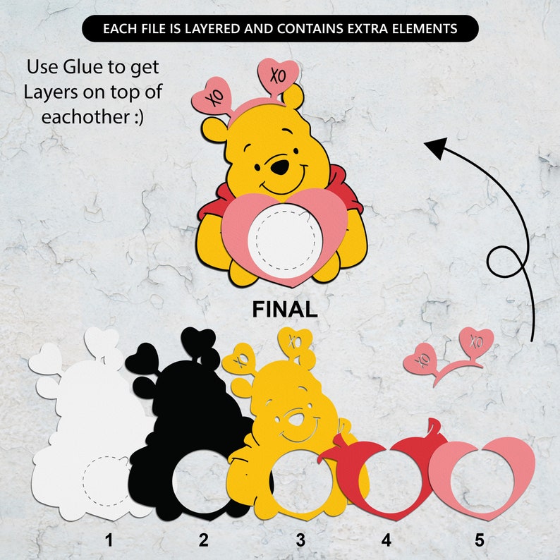 Puede incluir: Un proyecto de manualidades en capas con Winnie the Pooh sosteniendo un coraz&oacute;n con un c&iacute;rculo en el centro. El proyecto incluye cinco capas: un contorno blanco, un contorno negro, un Winnie the Pooh amarillo, un coraz&oacute;n rojo y un coraz&oacute;n rosa. El texto "Use Glue to get Layers on top of eachother :)" est&aacute; en la parte superior de la imagen. El texto "FINAL" est&aacute; debajo de la imagen de Winnie the Pooh. Los n&uacute;meros del 1 al 5 est&aacute;n debajo de cada capa.