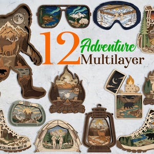 May include: A collection of 12 multilayered wooden laser-cut art pieces featuring outdoor adventure themes including a Bigfoot silhouette, hiking boots, a lantern, a tent, sunglasses, goggles, a lighter, and a backpack, all with detailed nature scenes.