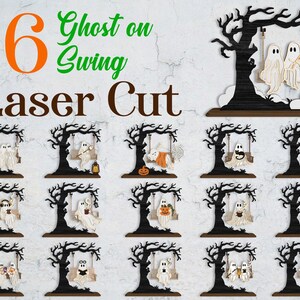 May include: A collection of 16 laser-cut wooden decorations featuring white ghosts on swings hanging from black trees. Each piece displays a unique scene with ghosts holding items like pumpkins, books, or lanterns, set against a white background.
