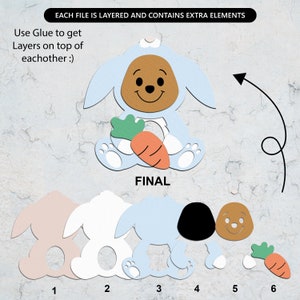 May include: A layered craft project of a blue bunny holding a carrot. The image shows six layers, numbered 1 through 6, that can be glued together to create the final image. The final image is a blue bunny holding a carrot with a brown face and a white bow.