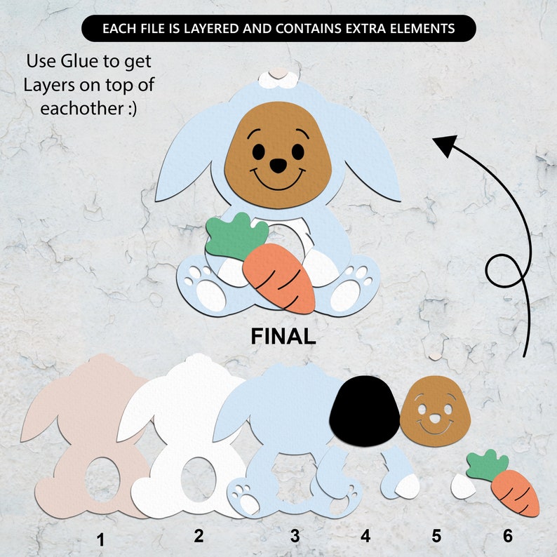 May include: A layered craft project of a blue bunny holding a carrot. The image shows six layers, numbered 1 through 6, that can be glued together to create the final image. The final image is a blue bunny holding a carrot with a brown face and a white bow.