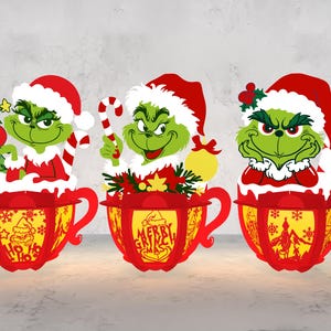 Lanterna di personaggi natalizi Svg, file di taglio della lanterna di carta di Natale dei cartoni animati Svg, carta tagliata Grinchmas, scatola luminosa Svg, Natale Svg, lanterne di carta
