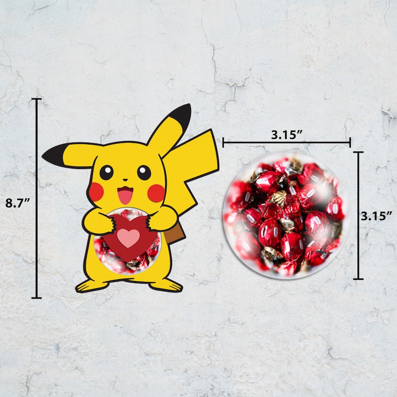 May include: A yellow Pikachu cartoon character holding a red heart-shaped box filled with red and brown candies. The box is 3.15 inches in diameter and the character is 8.7 inches tall.