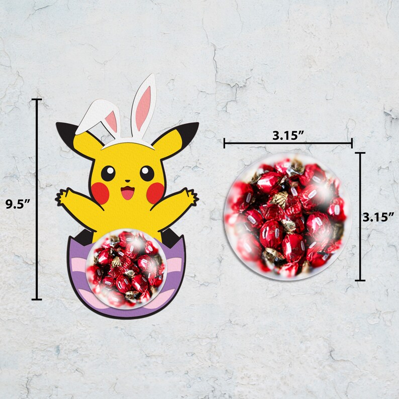 May include: A yellow Pikachu cartoon character wearing bunny ears sits inside a purple and white Easter egg. The egg is filled with red and white candy. The character is 9.5 inches tall and the candy is in a 3.15 inch diameter clear plastic container.