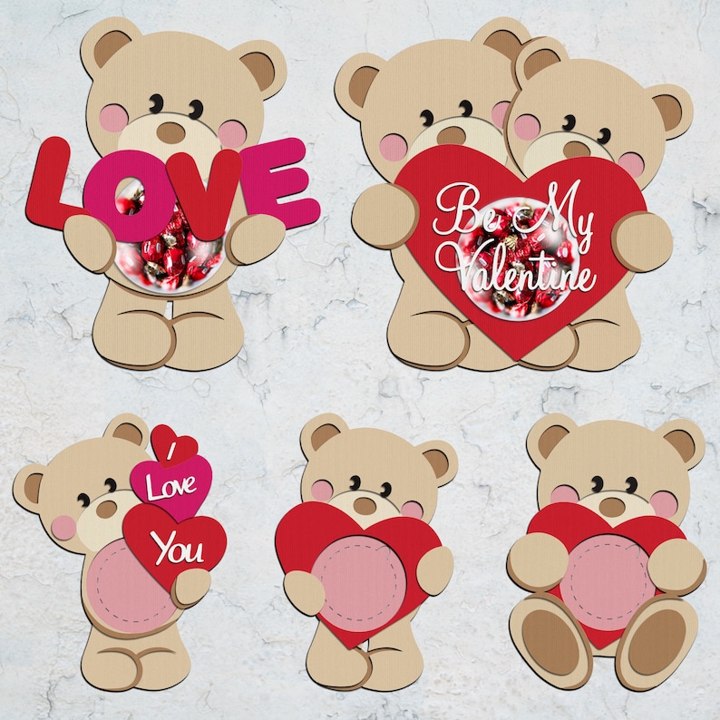 May include: A collection of Valentine's Day-themed teddy bear cutouts. The bears are light brown with pink accents and hold hearts or the word "LOVE." Some hearts have text, and one says "Be My Valentine."