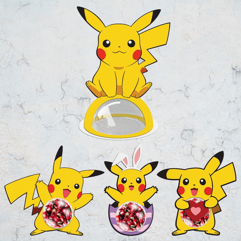 May include: Four yellow Pikachu character Easter treat holders. One is a dome-shaped holder with a clear window. One is a traditional Easter egg shape with a purple and white striped design. One is a heart-shaped holder with a red heart. One is a traditional Easter egg shape with a clear window.