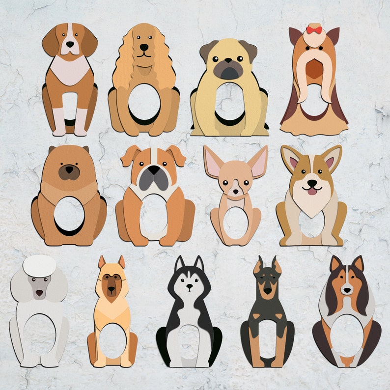 May include: A set of 14 dog breed illustrations, each with a unique design and color scheme. The illustrations are perfect for crafting projects, scrapbooking, or creating personalized gifts.