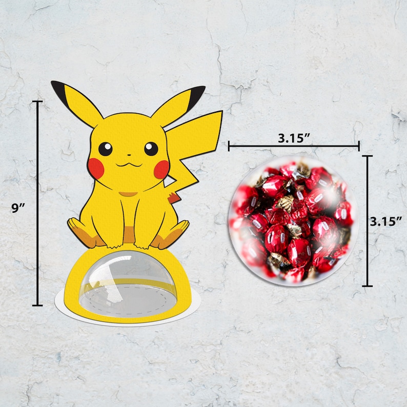 May include: A yellow Pikachu character figurine sits on a yellow base with a clear plastic dome. The dome is 3.15 inches in diameter and the figurine is 9 inches tall. The figurine is holding a red and white candy.
