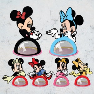 May include: Six different Disney character figurines with a clear dome over each. The characters are Mickey Mouse and Minnie Mouse in various outfits. The domes are on a pink, blue, or red base.