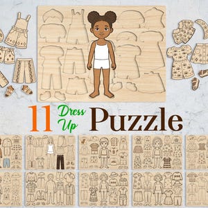 Puede incluir: Un rompecabezas de madera con la figura central de un niño en ropa interior blanca, rodeado de varias prendas y accesorios cortados con láser. El texto 11 Dress Up Puzzle aparece debajo. Se muestran diez tableros de rompecabezas más pequeños.