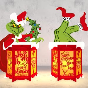 Lanterna di carta di Natale dei cartoni animati File di taglio Svg, Lanterna di personaggi natalizi Svg, Grinchmas Carta tagliata, Light Box Svg, Natale Svg, Lanterne di carta