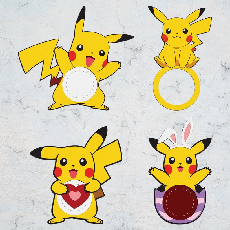 May include: Four printable yellow Pikachu character cutouts with different designs. One Pikachu is holding a heart, another is wearing a bunny ear headband, another is sitting on a ring, and the last one has a blank circle.