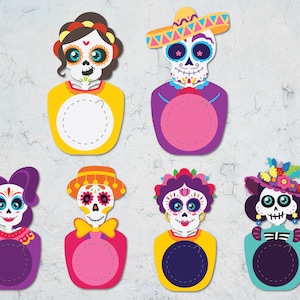 Archivo de corte del soporte de la cúpula del caramelo del Día de los Muertos, esqueletos de personajes, soporte del caramelo, svg, soporte del caramelo del esqueleto, svg del soporte del caramelo de chocolate