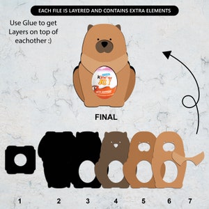 May include: A layered craft project to assemble a brown cartoon dog holding a Kinder Joy egg. The image shows seven layers, numbered 1 through 7, with instructions to use glue to assemble the layers.