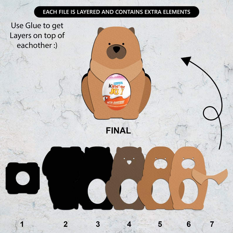 May include: A layered craft project to assemble a brown cartoon dog holding a Kinder Joy egg. The image shows seven layers, numbered 1 through 7, with instructions to use glue to assemble the layers.