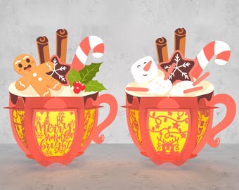 Archivo SVG de farolillo de chocolate caliente recortado en papel, Archivo SVG de farolillo de Navidad recortado en papel, Archivo SVG de farolillo navideño de muñeco de nieve, Archivo SVG de farolillo de chocolate caliente, Archivo SVG digital