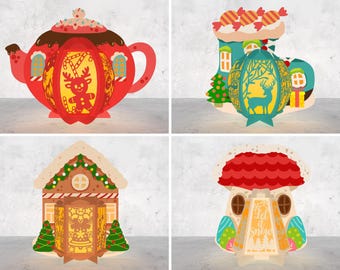 May include: Four different Christmas-themed papercraft pop-up cards. The first card is a red teapot with a reindeer inside. The second card is a blue boot with a reindeer inside. The third card is a gingerbread house with a snowman inside. The fourth card is a red and white mushroom house with the words "Let it snow" inside.