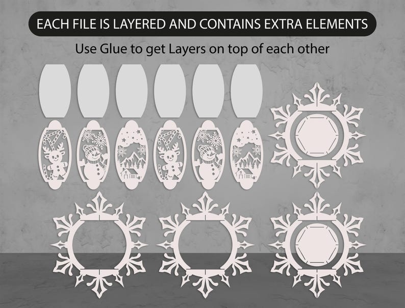 May include: White laser-cut Christmas ornaments and snowflake designs. The image includes oval ornaments with reindeer, snowmen, and winter scenes, along with snowflake-shaped frames. Text at the top reads: "EACH FILE IS LAYERED AND CONTAINS EXTRA ELEMENTS".