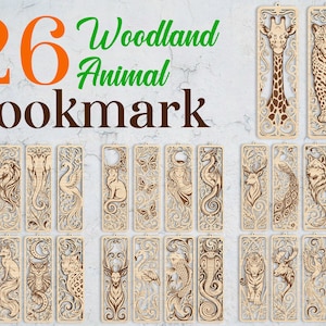 Può includere: Una collezione di 26 segnalibri rettangolari in legno con intricati disegni tagliati al laser di vari animali, tra cui una giraffa, un leopardo, un leone, un elefante, una fenice, un gatto, farfalle, un drago, un cervo, un pavone, un lupo, un bisonte, una volpe, un gufo, un fenicottero, una carpa koi e un cobra.