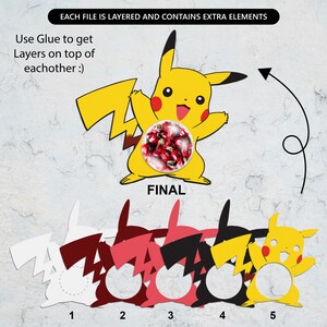 May include: Five layered paper cutouts of a yellow cartoon character with a lightning bolt tail. The character is holding its arms up in the air. The layers are numbered 1 through 5. The final image shows the character with a red and white candy inside the character's body.