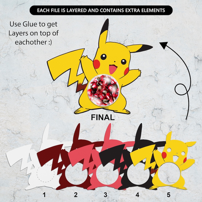 May include: Five layered paper cutouts of a yellow cartoon character with a lightning bolt tail. The character is holding its arms up in the air. The layers are numbered 1 through 5. The final image shows the character with a red and white candy inside the character's body.